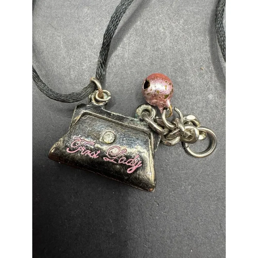 Vintage Silver Tone First Lady Purse Crystal Accent Pendant Necklace Black Cord